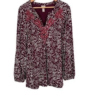 Chicos Womens XL Bohemian Artsy Peasant Festival Embroidered Tunic Blouse‎ Wine